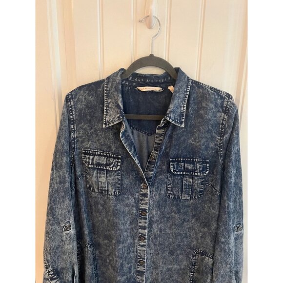 Soft Surroundings Acid Wash Button Roll Sleeve Maxi Dress Sz Large - Picture 3 of 7